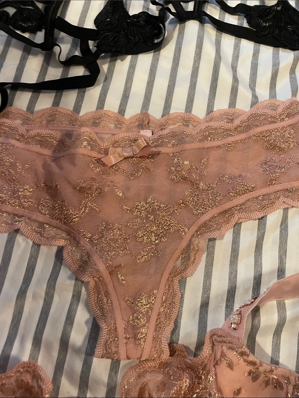 Three sets of Lacey, Strappy Lingerie Set, Red, Black and Blush - Picture 3 of 7